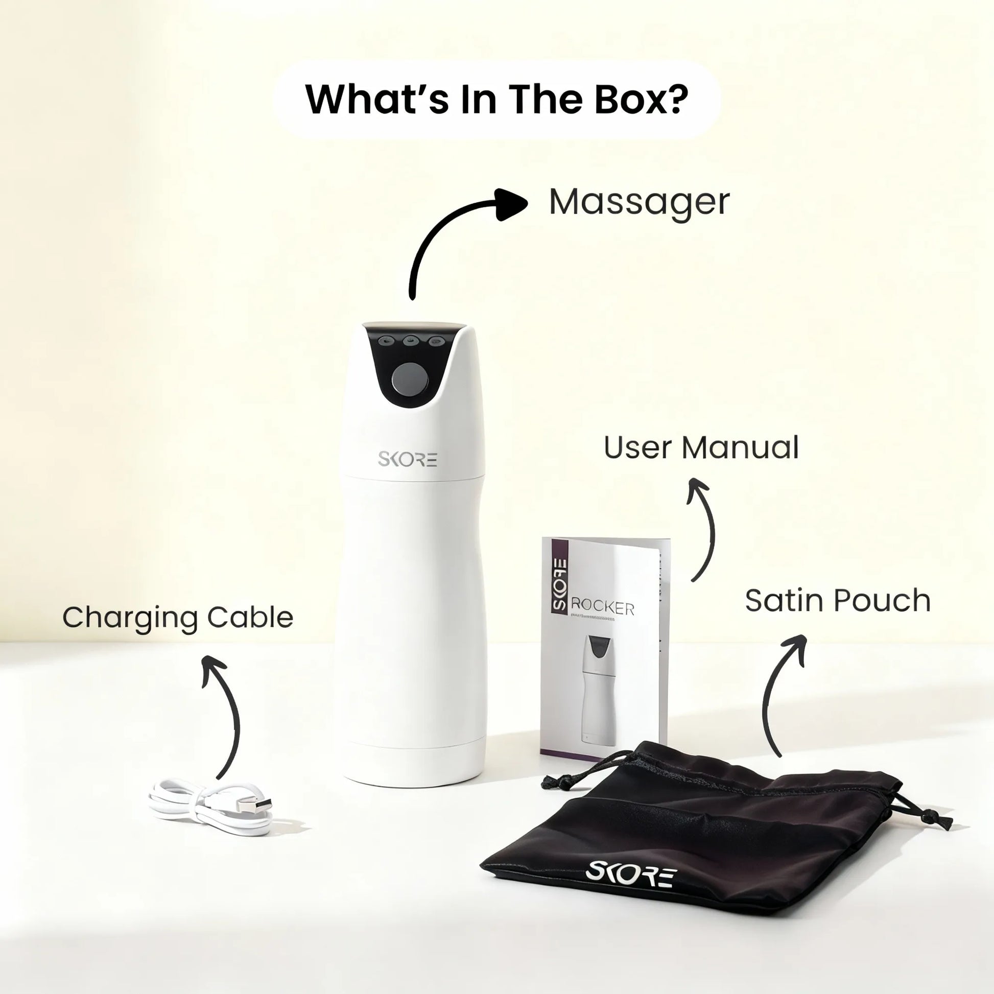 Skore Rocker box contents including massager, charging cable, user manual, and satin pouch