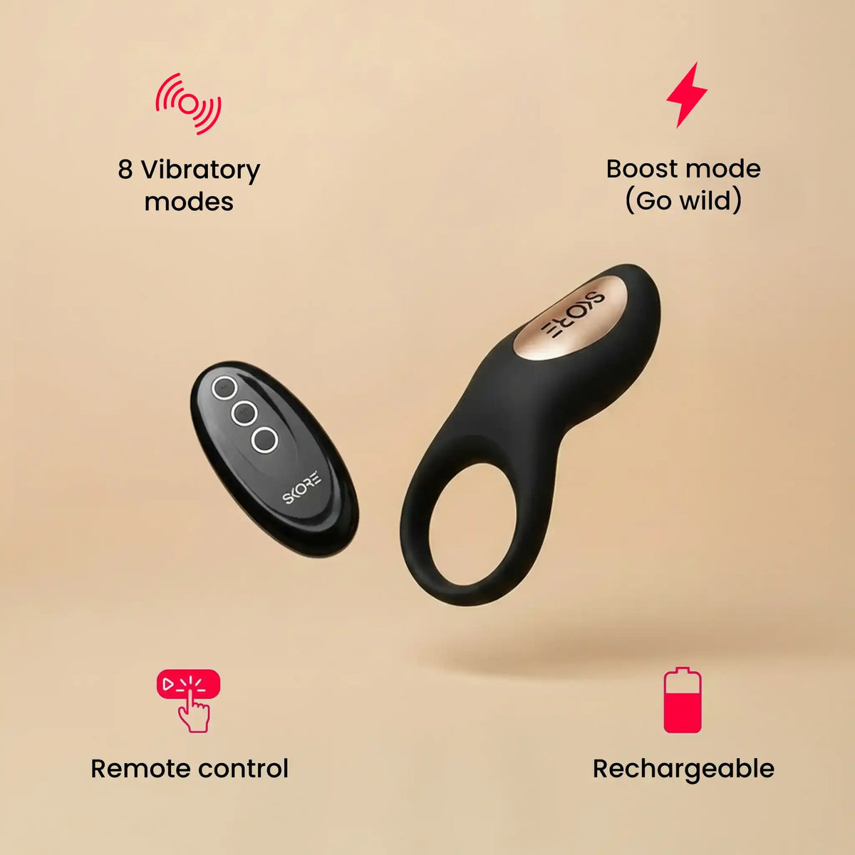 Skore Buzzz vibrating ring with remote control packaging and product display for men and women. Skore Buzzz vibrating ring with remote control packaging and product display for men and women.