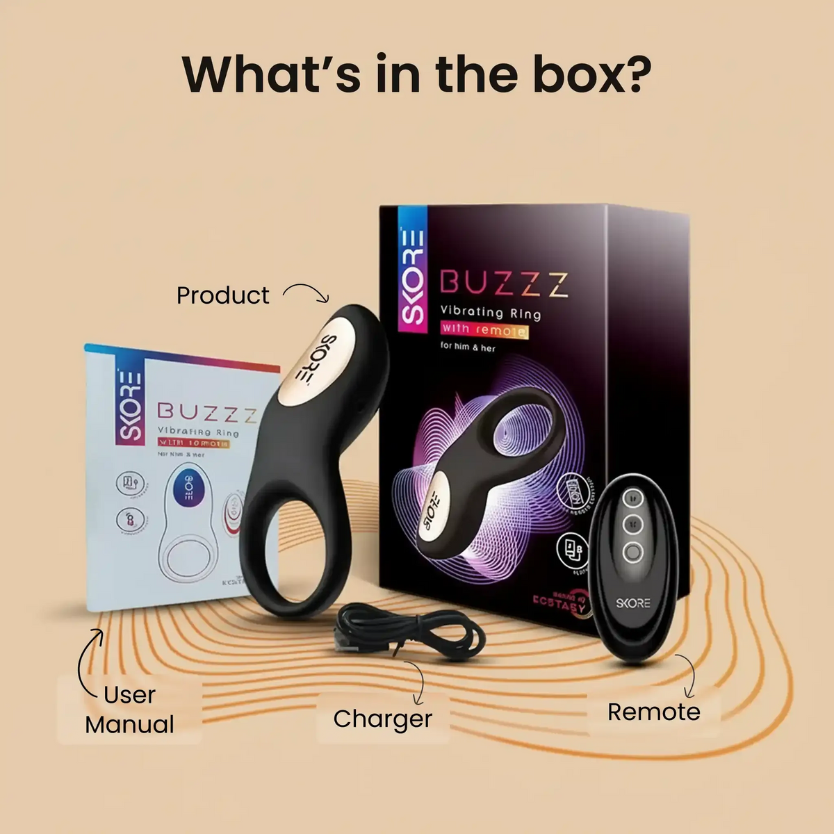 What’s in the box: Skore Buzzz vibrating ring, remote control, USB charger, and user manual. What’s in the box: Skore Buzzz vibrating ring, remote control, USB charger, and user manual.