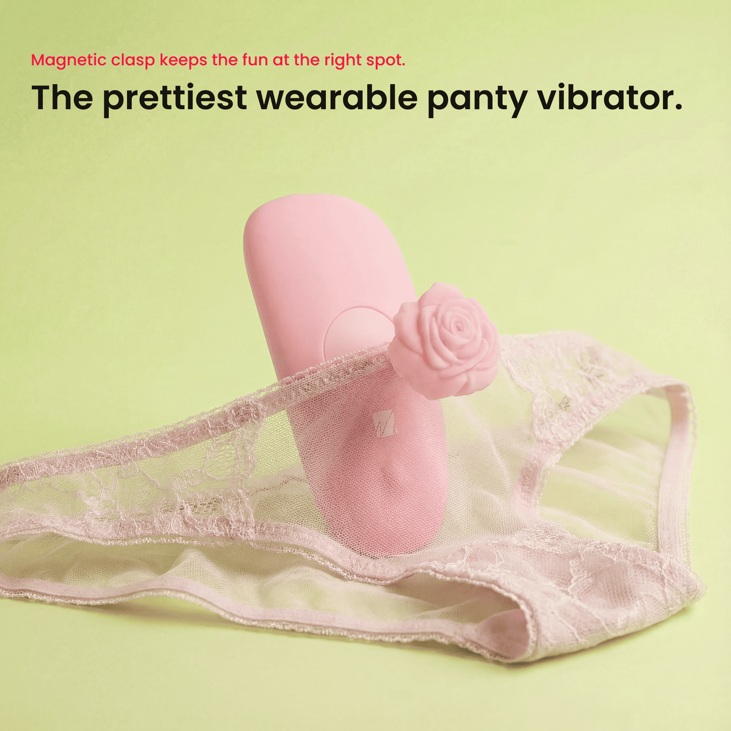 MsChief Anywear pink wearable panty vibrator with rose design and magnetic clasp on lace underwear