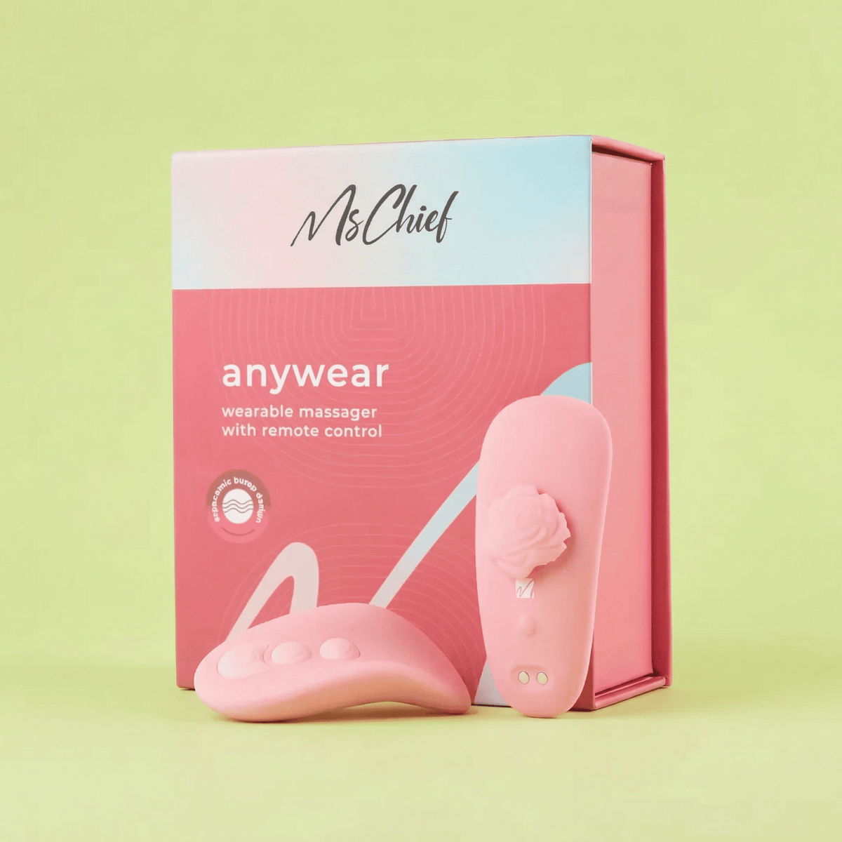 MsChief Anywear wearable panty massager in pink with remote control and product packaging box MsChief Anywear wearable panty massager in pink with remote control and product packaging box