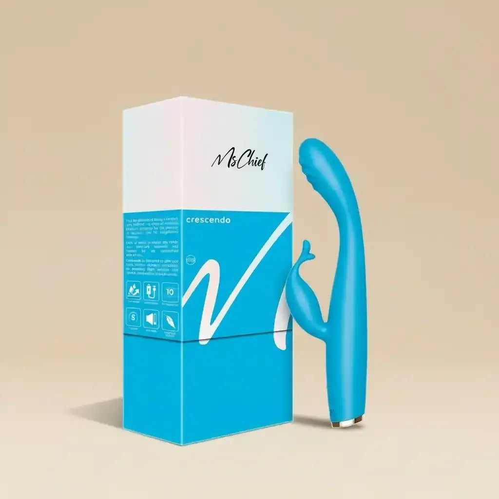 MsChief Crescendo rabbit vibrator in teal blue shown with branded product packaging box MsChief Crescendo rabbit vibrator in teal blue shown with branded product packaging box