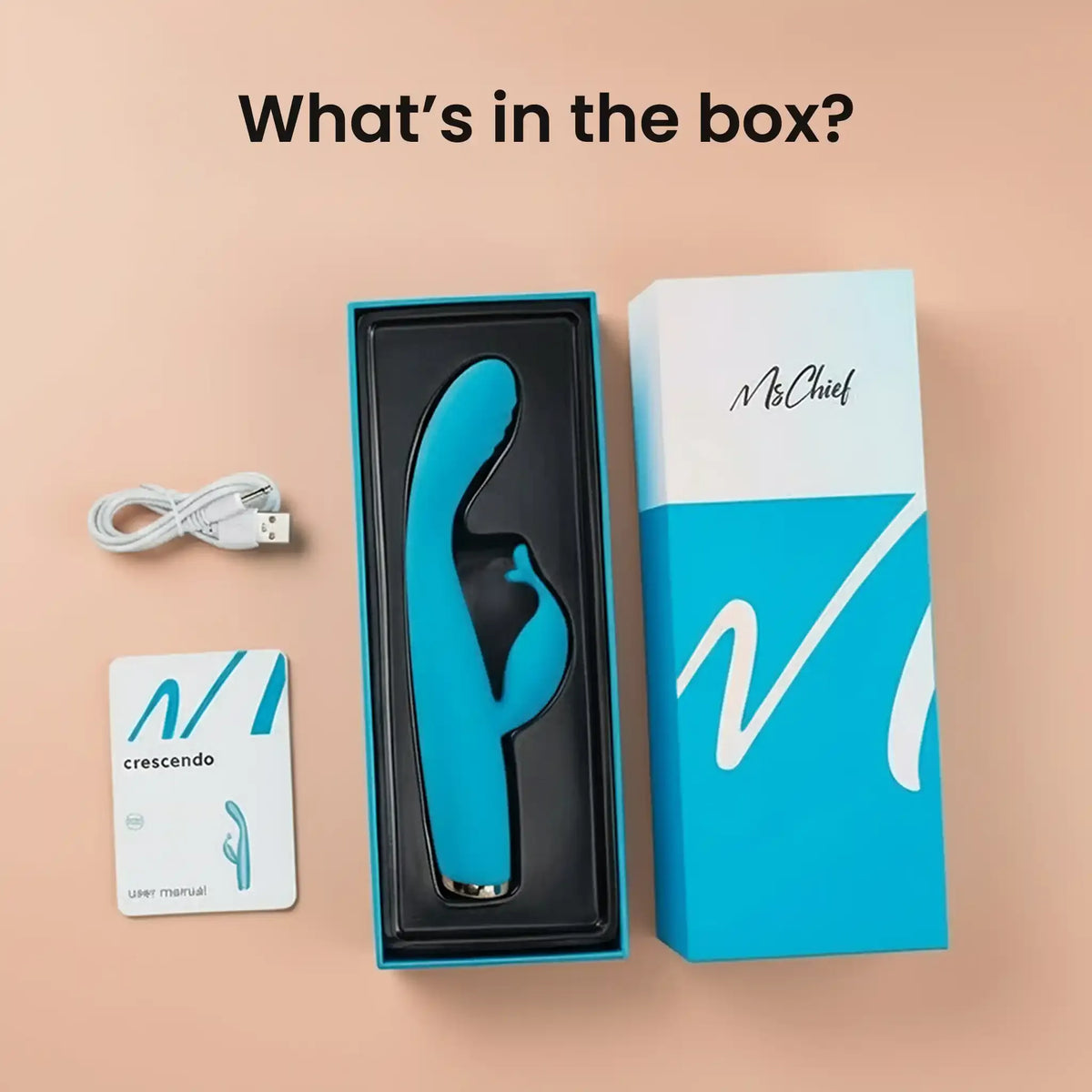 MsChief Crescendo rabbit vibrator unboxing showing vibrator, USB cable, manual, and gift box MsChief Crescendo rabbit vibrator unboxing showing vibrator, USB cable, manual, and gift box