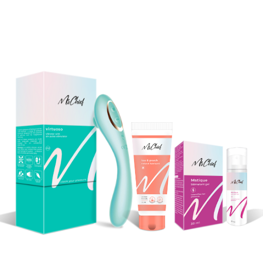 Ride Solo combo pack which includes Virtuoso massager, tea peach lube, & mstique stimulant gel