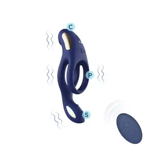 Skore Tremor animated GIF showing 3 vibration points C, P and S on blue cock ring with wireless remote Skore Tremor animated GIF showing 3 vibration points C, P and S on blue cock ring with wireless remote