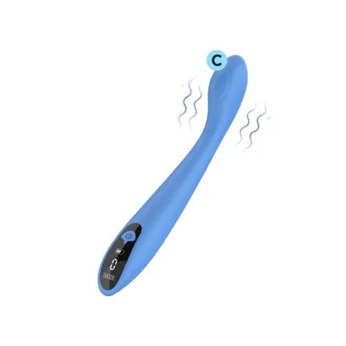 Skore VibHer blue G-spot vibrator animated GIF showing vibration waves at flexible curved head with LED display Skore VibHer blue G-spot vibrator animated GIF showing vibration waves at flexible curved head with LED display