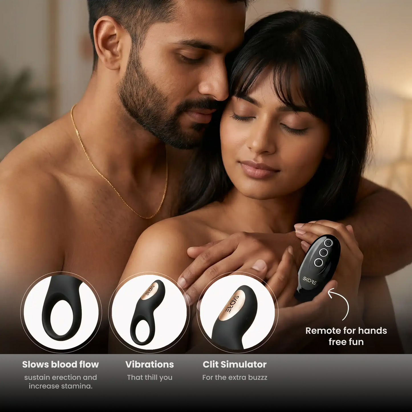 Benefits of Skore Buzzz including clitoral stimulation, vibration modes, and sustained erection support for couples.