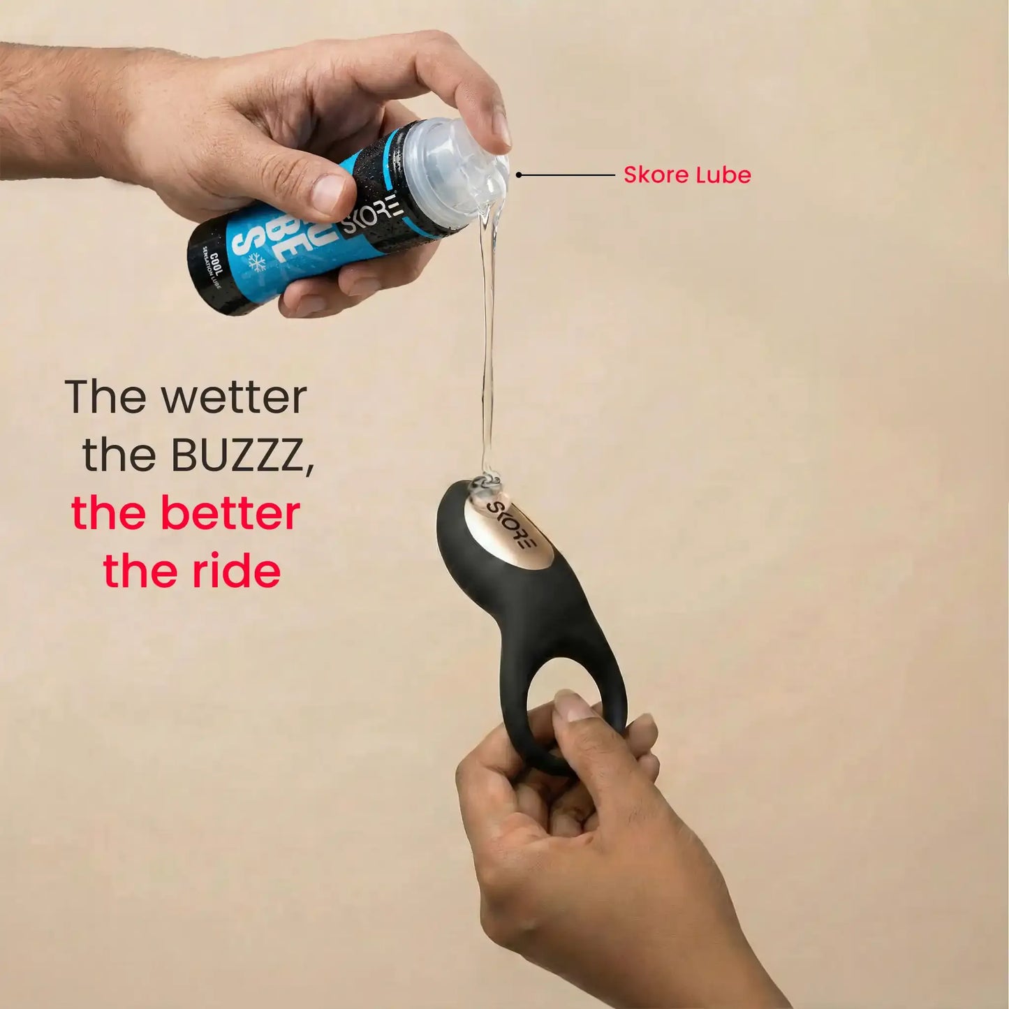 Applying Skore water-based lubricant to the Buzzz vibrating ring for a smoother experience.