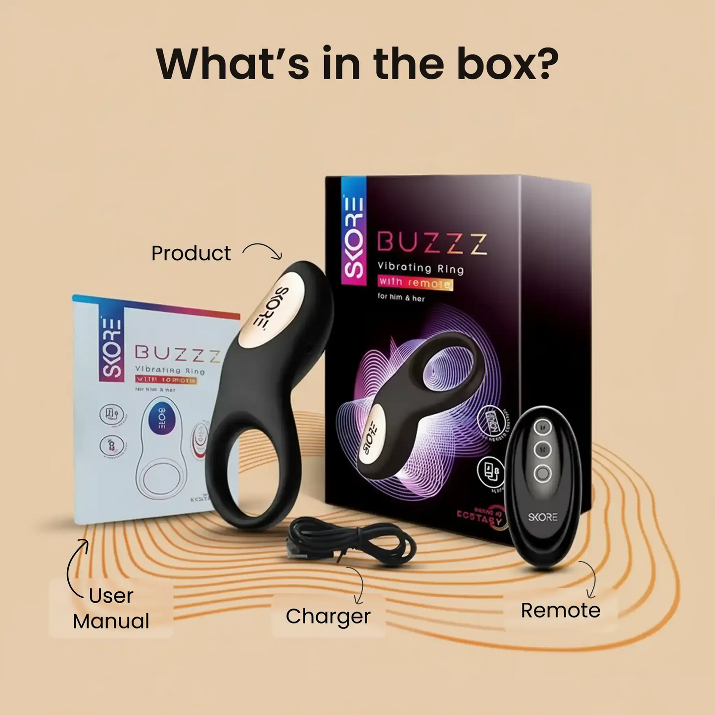What’s in the box: Skore Buzzz vibrating ring, remote control, USB charger, and user manual.
