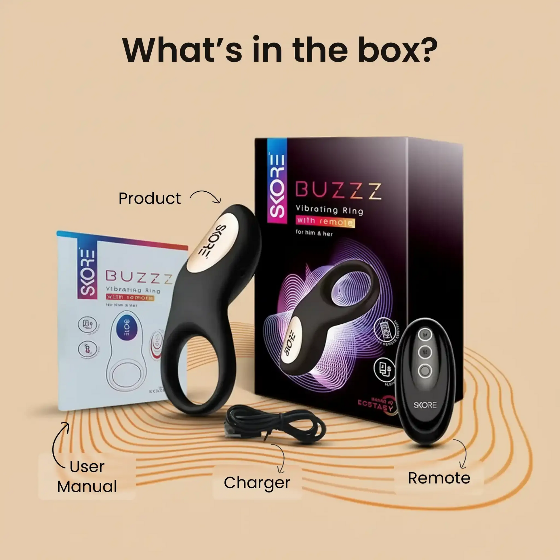 What’s in the box: Skore Buzzz vibrating ring, remote control, USB charger, and user manual.