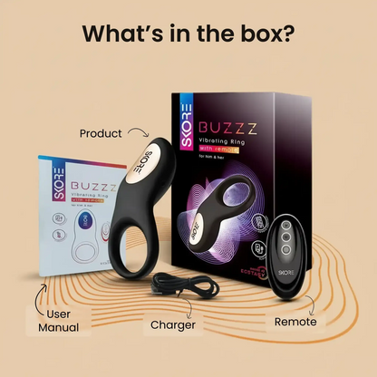 What’s in the box: Skore Buzzz vibrating ring, remote control, USB charger, and user manual.