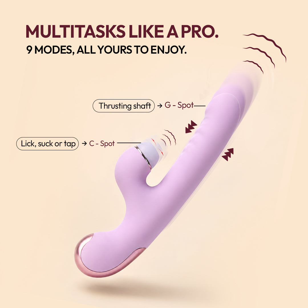 MsChief Crescendo Pro Rabbit Massager features Thrusting, Vibration with Lick, Suck or Tap