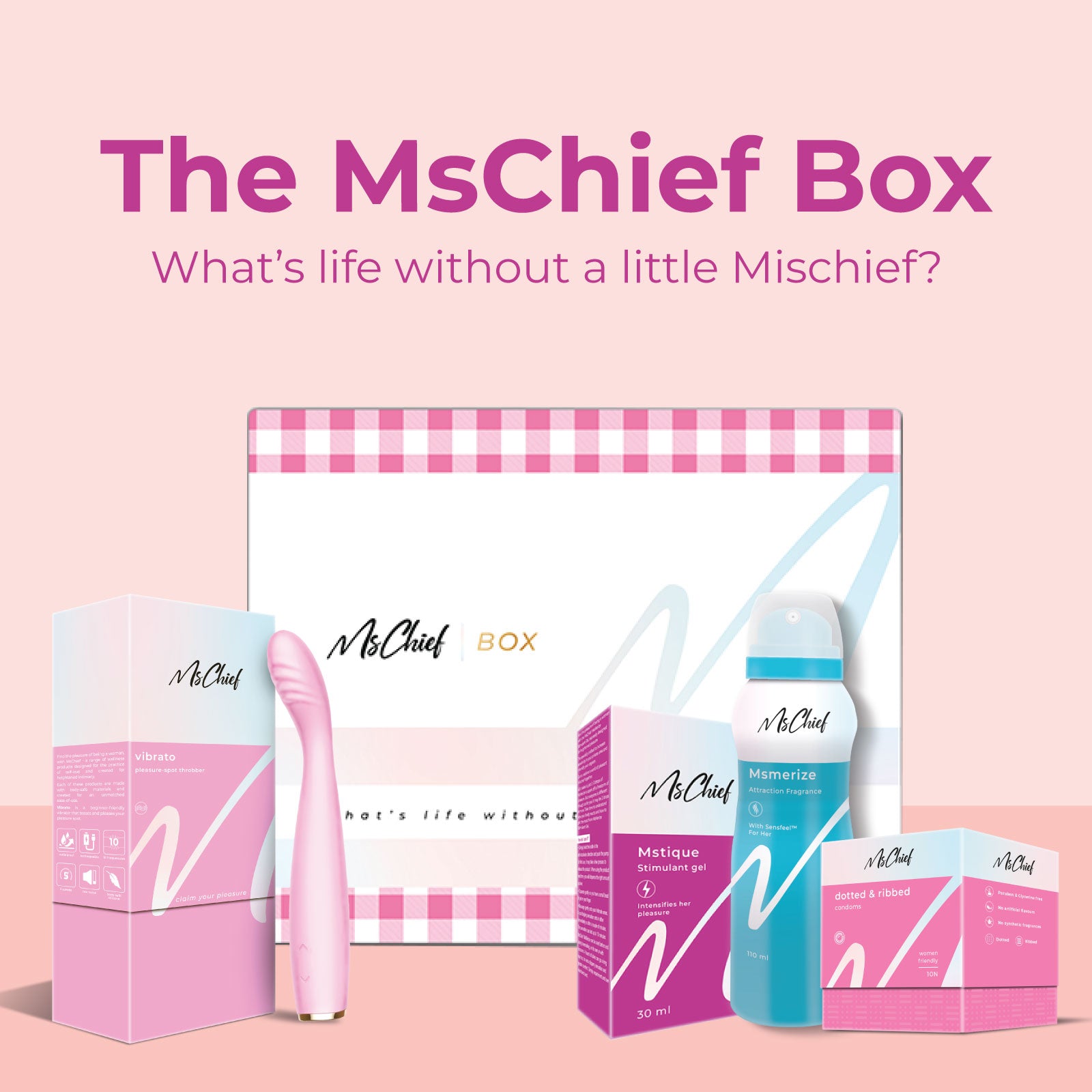 Mschief Box ft Vibrato includes Vibrato massager, Mstique gel, msmerize fragrance, dotted & ribbed condom