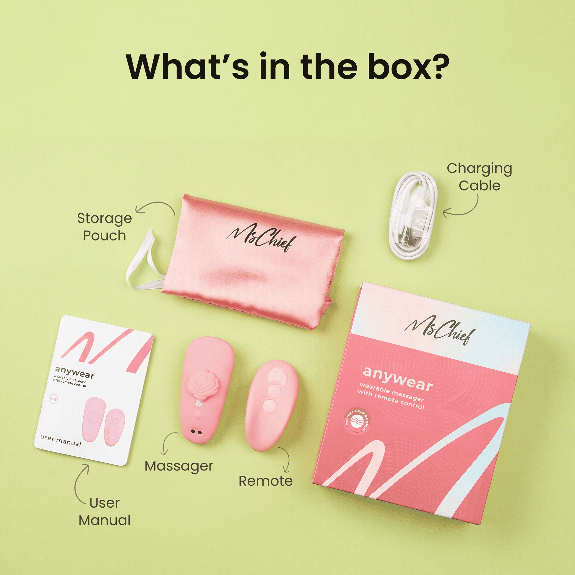 MsChief Anywear unboxing showing massager, remote, storage pouch, charging cable and user manual