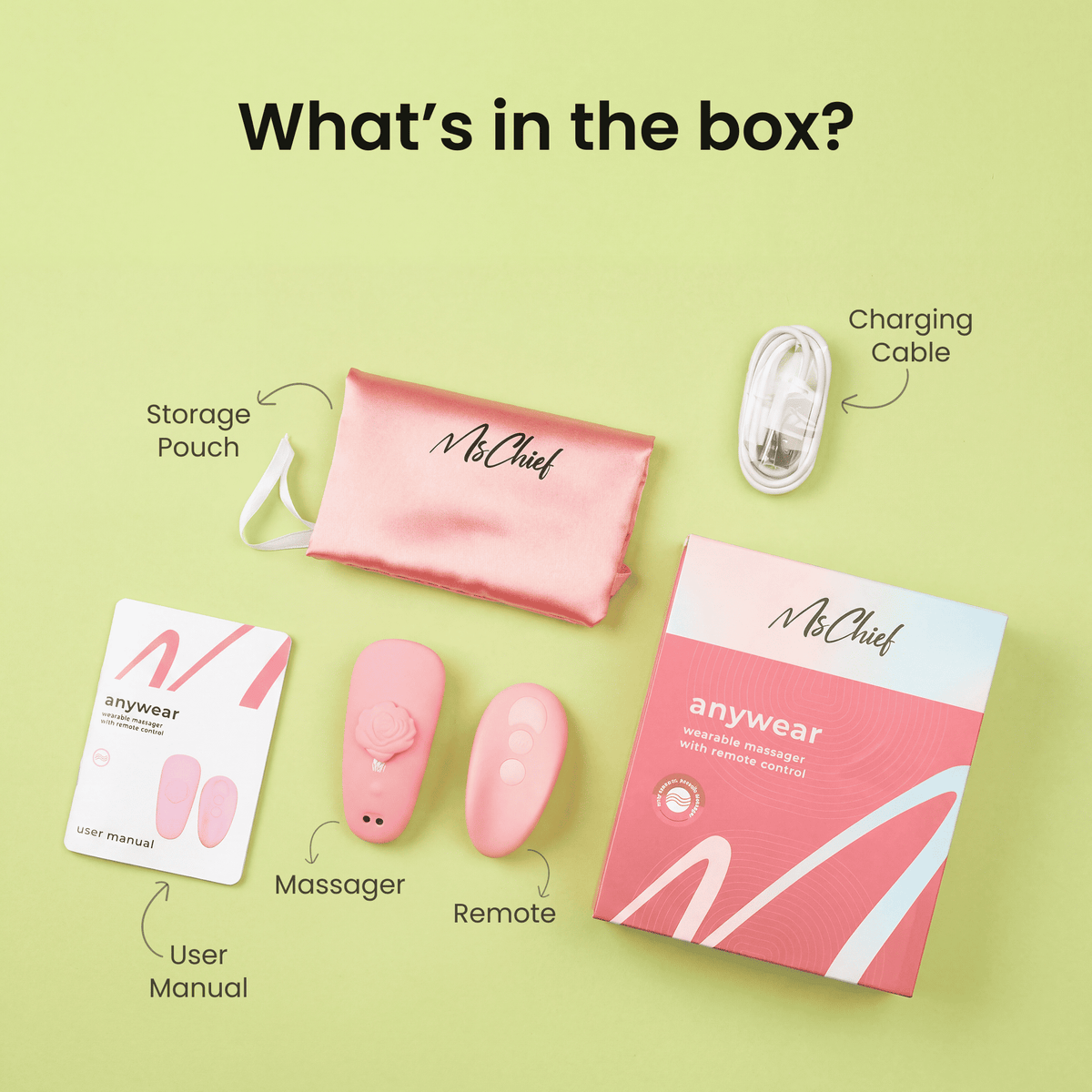 MsChief Anywear unboxing showing massager, remote, storage pouch, charging cable and user manual
