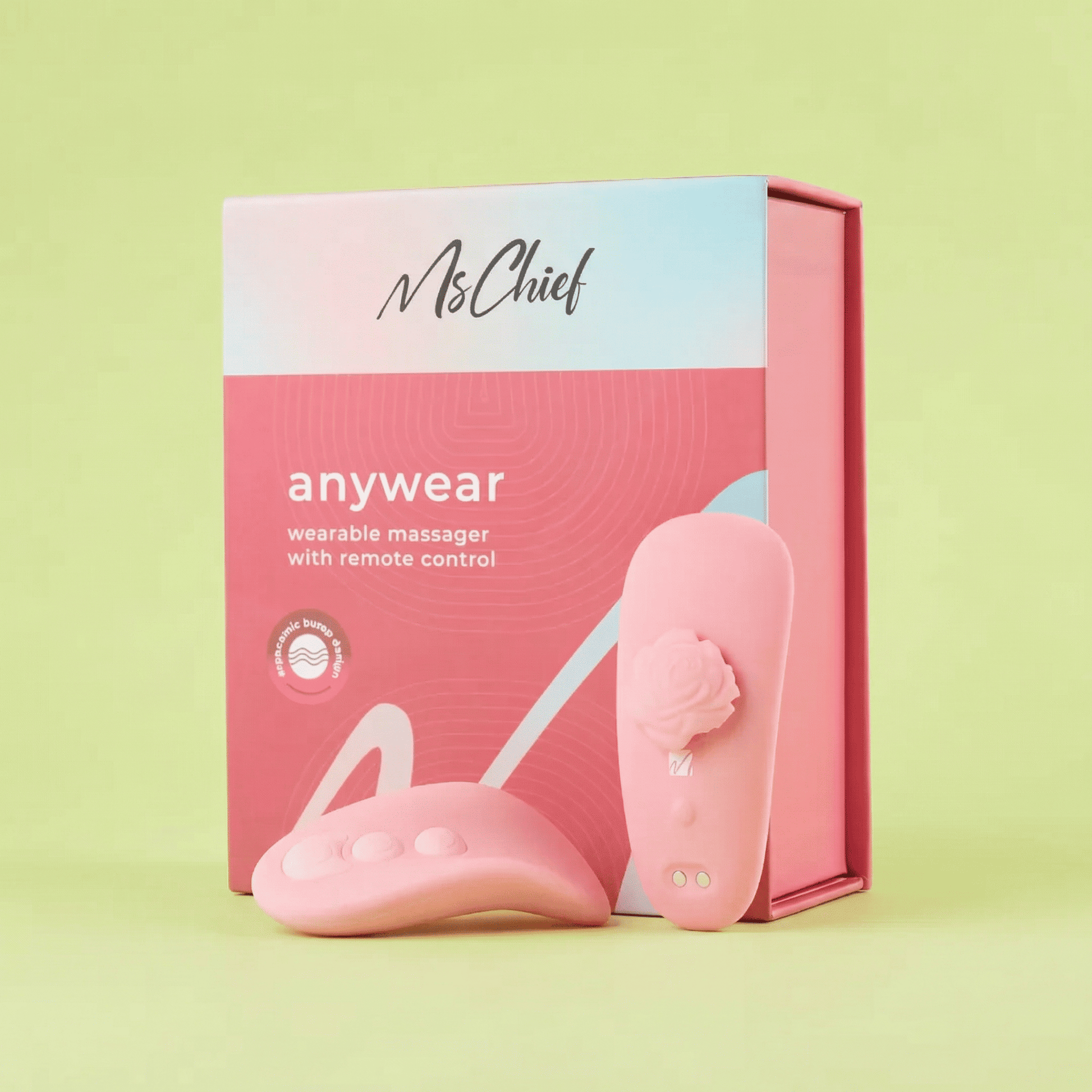 MsChief Anywear wearable panty massager in pink with remote control and product packaging box
