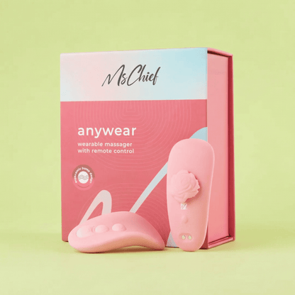 MsChief Anywear wearable panty massager in pink with remote control and product packaging box