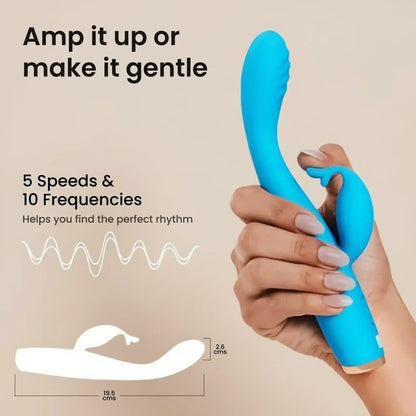 MsChief Crescendo rabbit vibrator with 5 speeds and 10 frequencies held in hand showing size