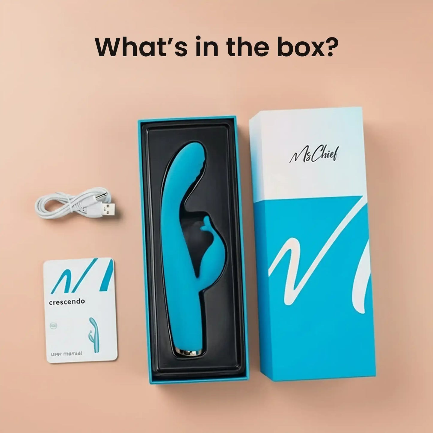 MsChief Crescendo rabbit vibrator unboxing showing vibrator, USB cable, manual, and gift box