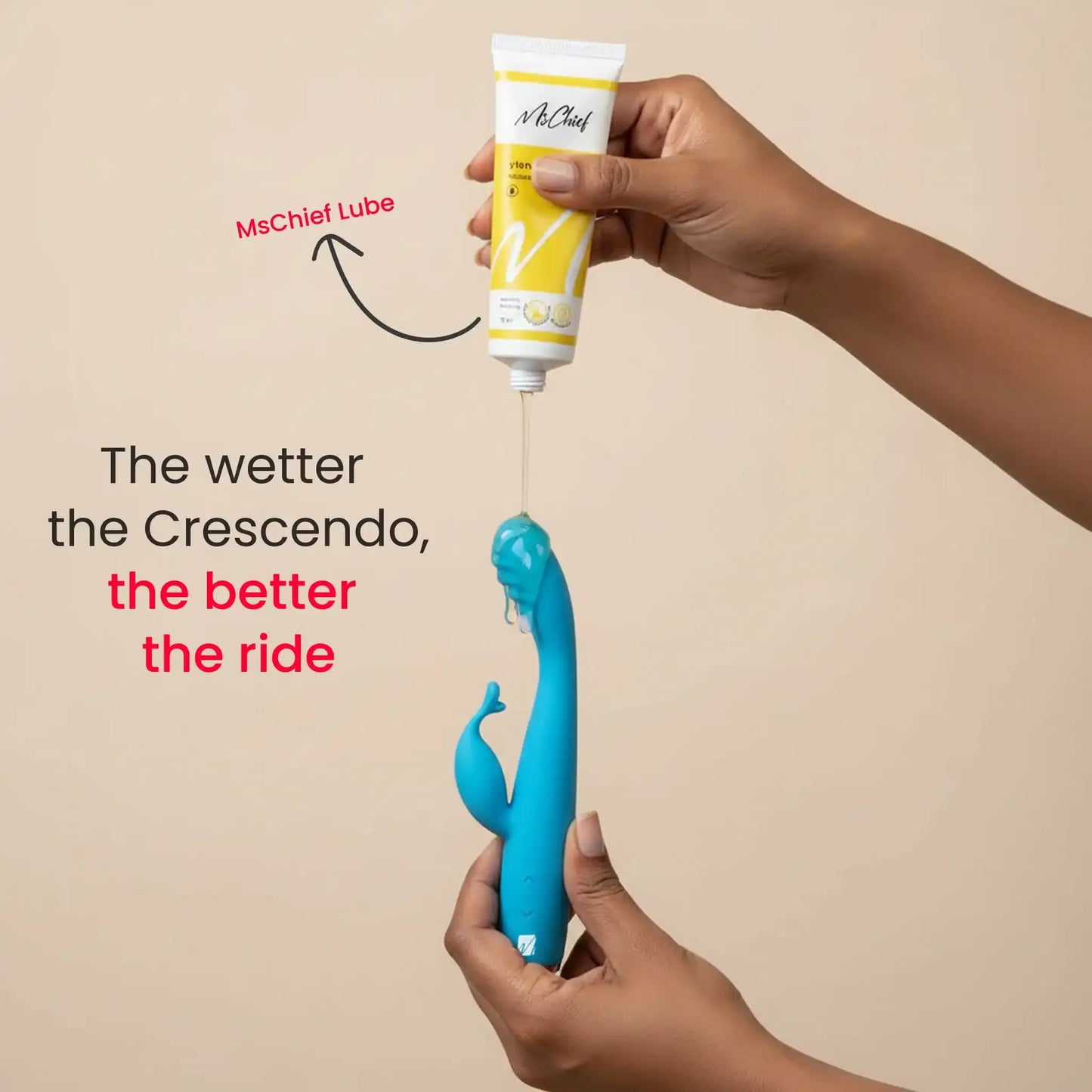 MsChief Crescendo rabbit vibrator with MsChief lube being applied for enhanced pleasure