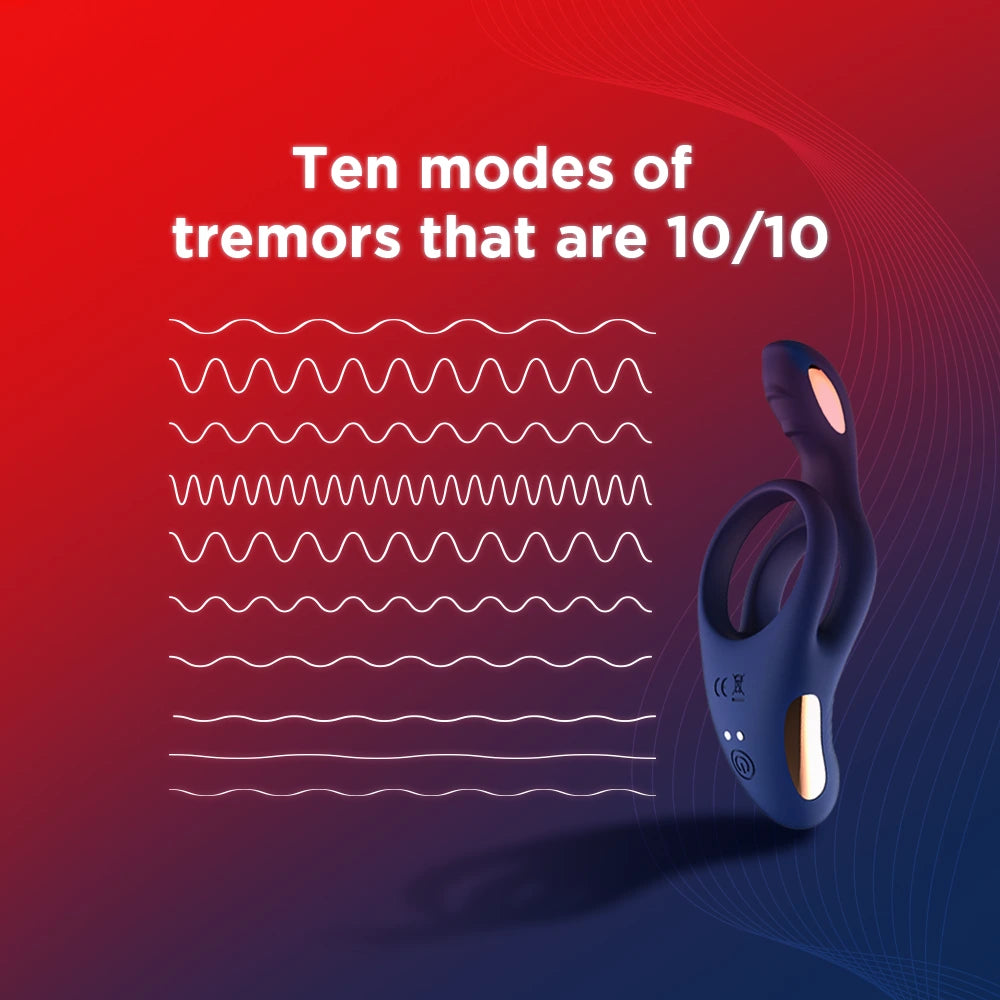 Skore Tremor rechargable vibrating cock ring with 10 vibration modes shown as wave patterns on red background