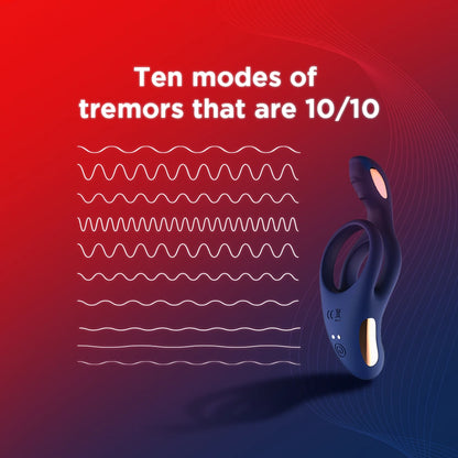 Skore Tremor rechargable vibrating cock ring with 10 vibration modes shown as wave patterns on red background