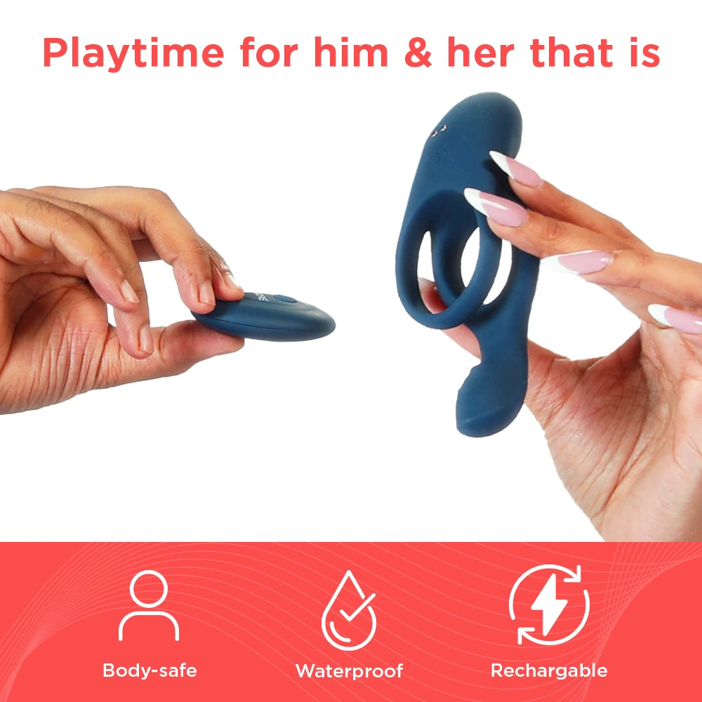 Skore Tremor animated GIF showing 3 vibration points C, P and S on blue cock ring with wireless remote