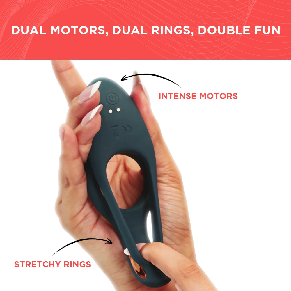 Skore Tremor cock ring held in hand showing dual intense motors and stretchy silicone dual rings