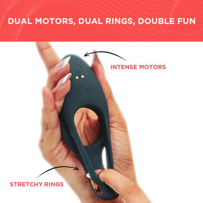 Skore Tremor cock ring held in hand showing dual intense motors and stretchy silicone dual rings