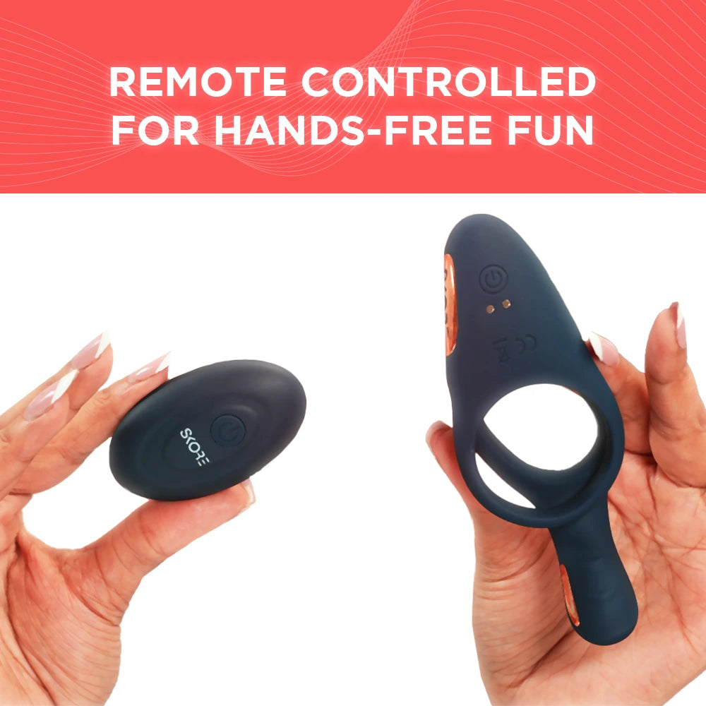 Skore Tremor vibrating cock ring with wireless remote control held in hands for hands-free couples play