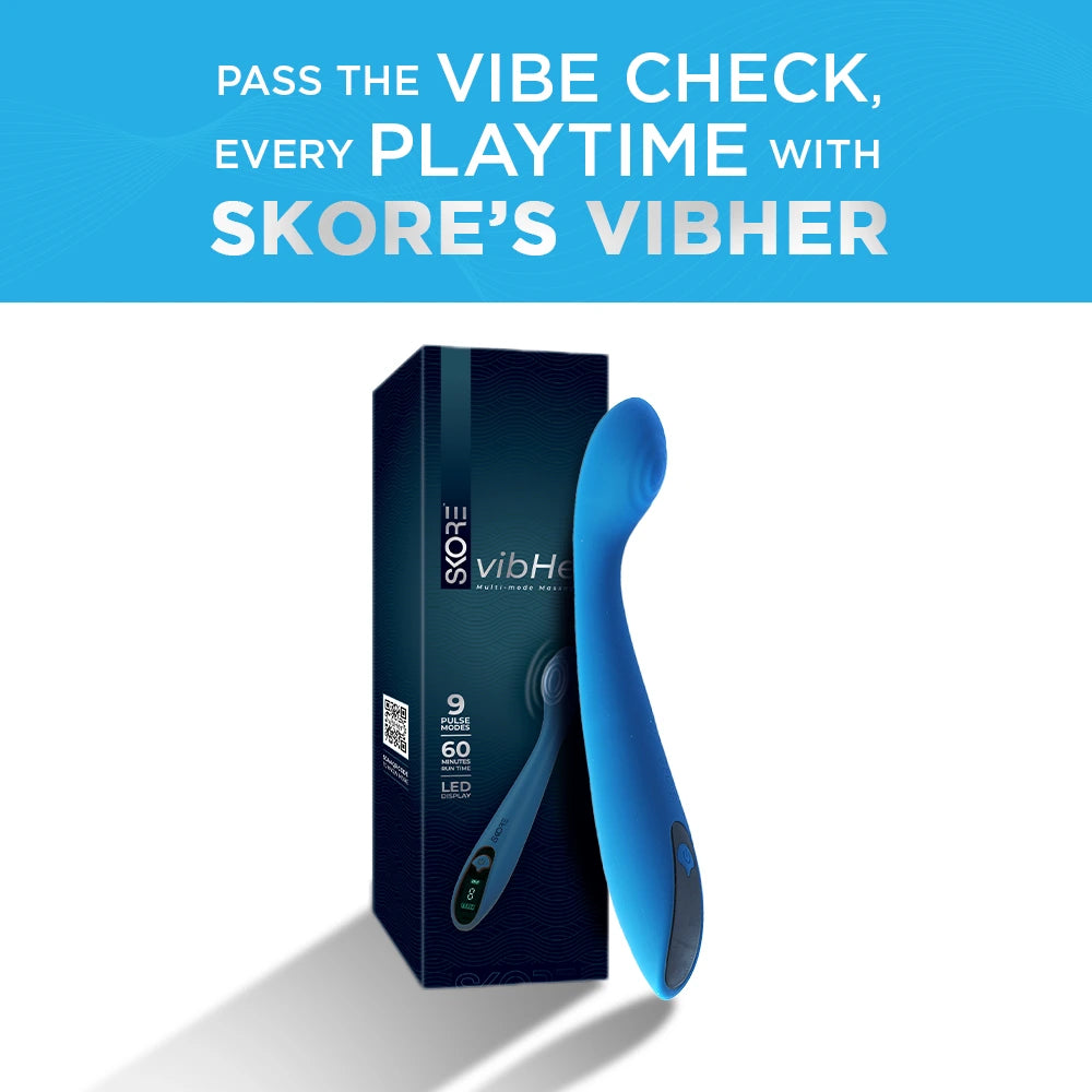 Skore VibHer blue G-spot vibrator animated GIF showing vibration waves at flexible curved head with LED display