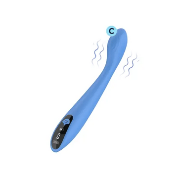 Skore VibHer blue G-spot vibrator animated GIF showing vibration waves at flexible curved head with LED display